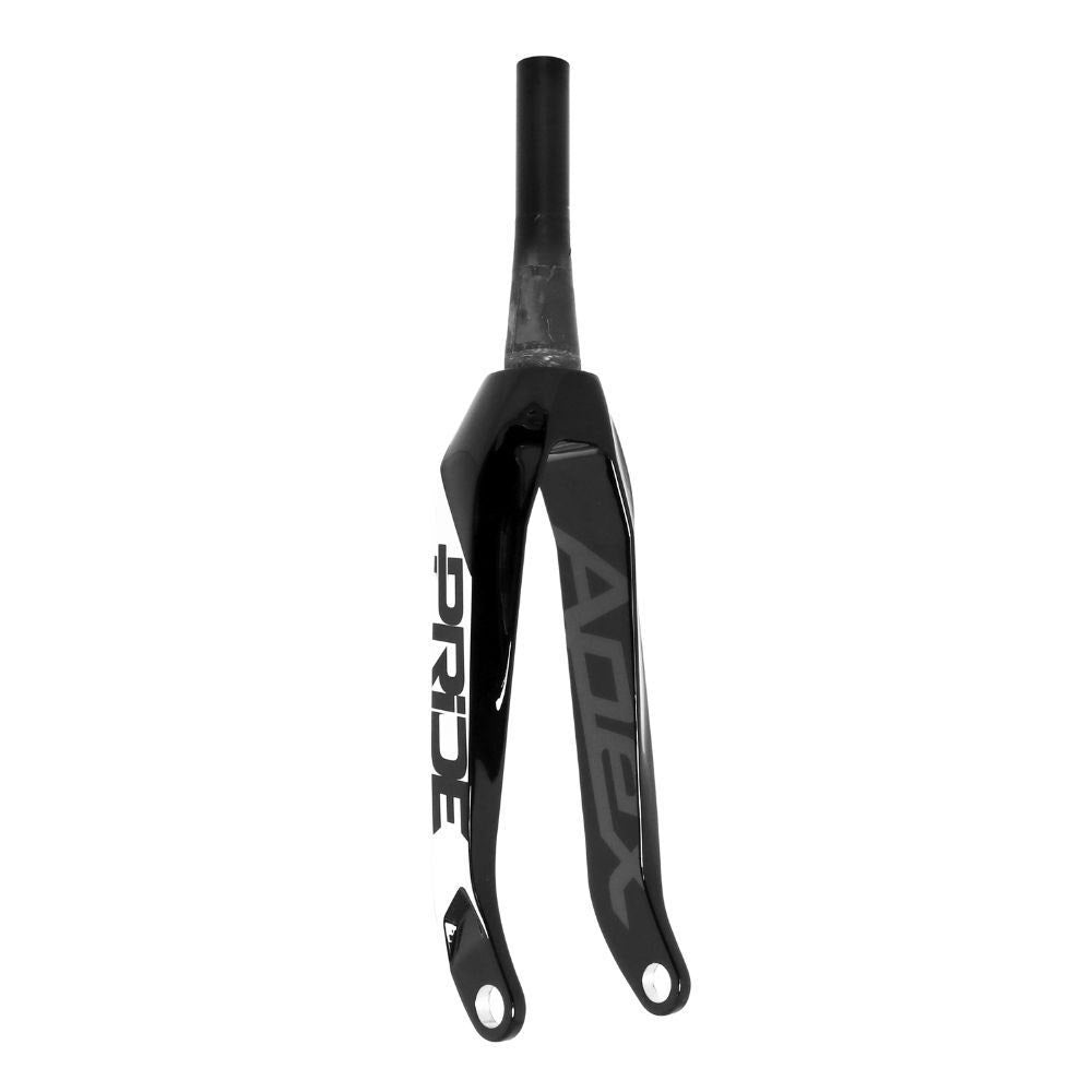 Image of a black Pride Apex Tapered Fork with "PRIDE" on one side and "ADEPT" on the other, showcasing optimized stiffness for superior rigidity.