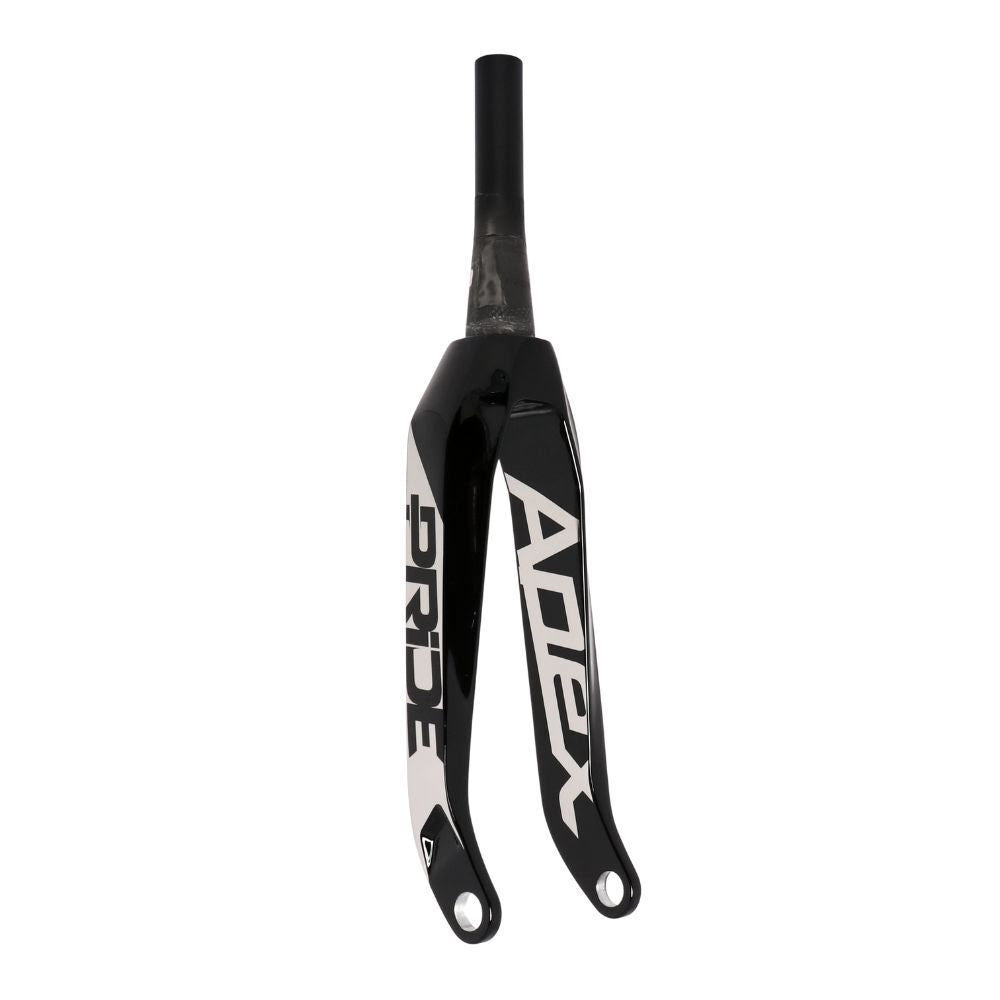 Black and white bicycle front fork with the text "APEX" and "PRIDE" written on the sides, featuring the Pride Apex Tapered Fork for superior rigidity and optimized stiffness.