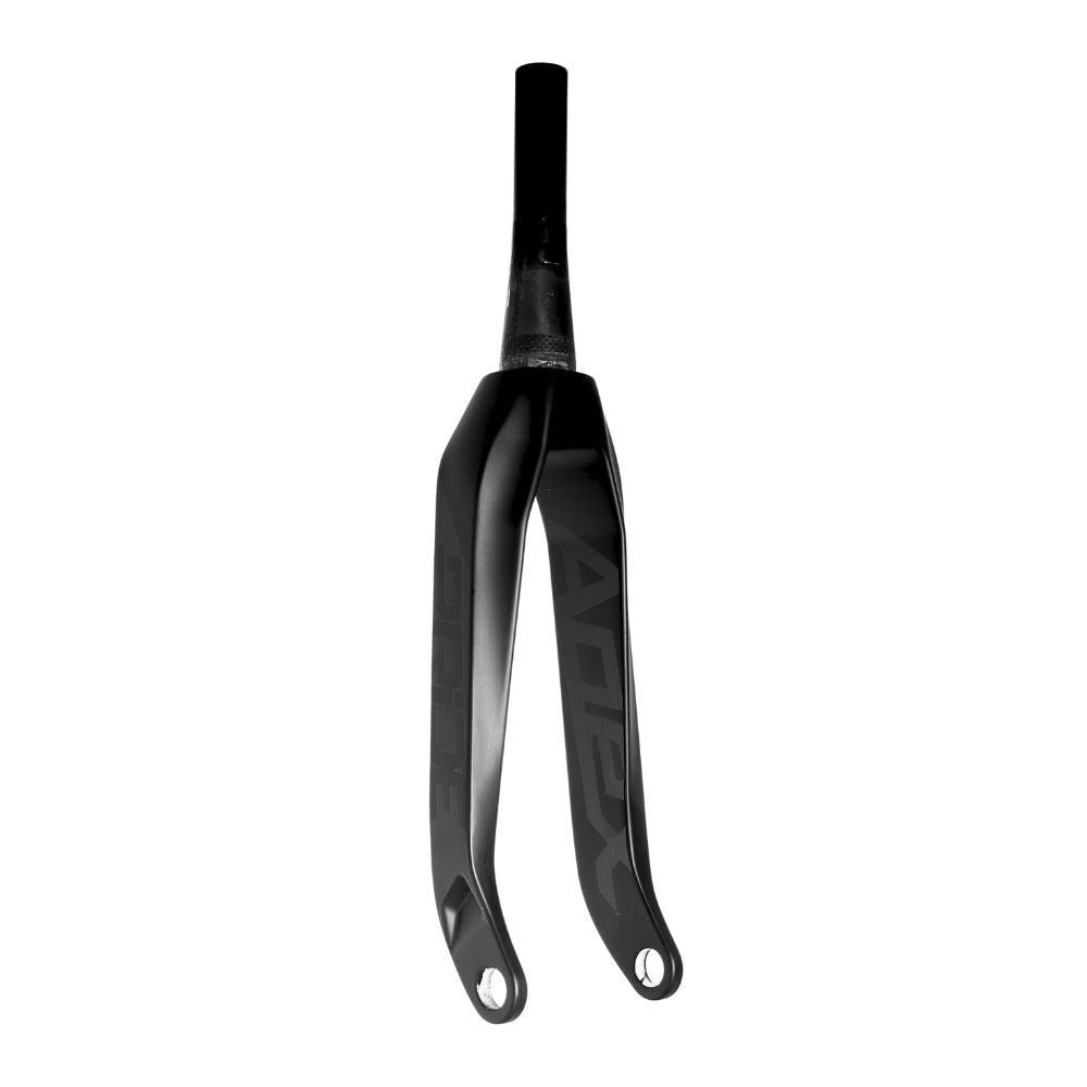 A black Pride Apex Tapered Fork bicycle suspension, optimized for superior rigidity, isolated on a white background.