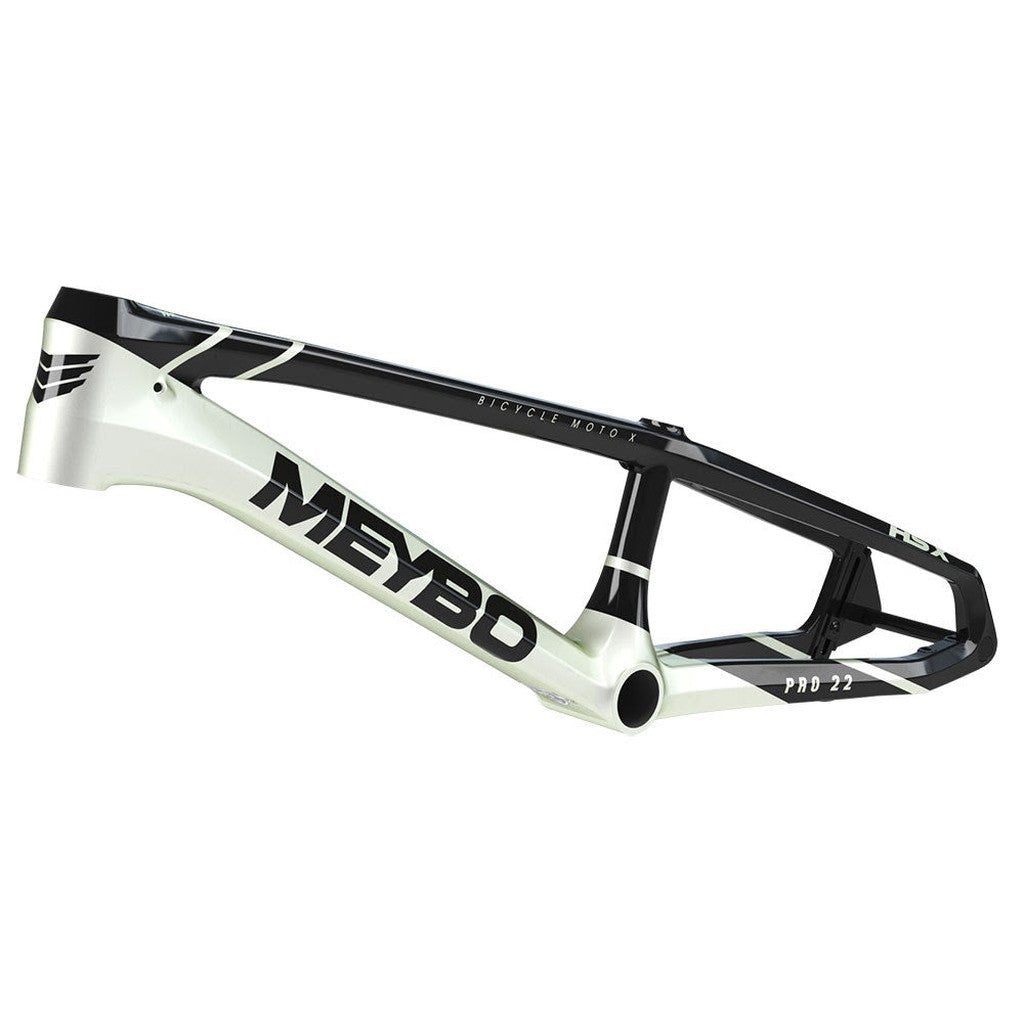 A black and white Meybo 2025 Carbon HSX Expert Frame with the model name "PRO 22" on the side, featuring a sleek modern design and branding details, perfect for dominating the UCI circuit.