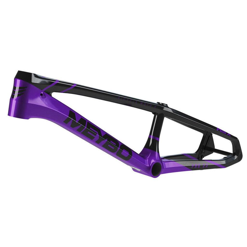 Image of the Meybo 2025 Carbon HSX Expert Frame, featuring a striking combination of black and purple colors with sleek angular design elements, perfect for dominating the UCI circuit.