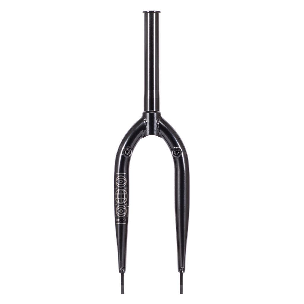 A black Utopia Zero (With Mounts) Fork with a cylindrical steerer tube and a pair of straight fork blades featuring a white geometric design, ideal for flatland use and compatible with integrated headsets.