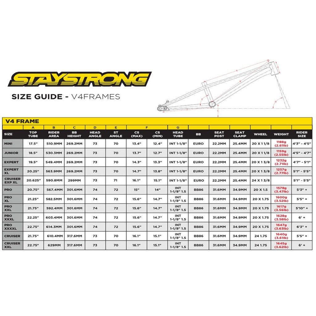 A comprehensive size guide chart for Staystrong V4 frames, specifying measurements for Mini, Junior, Expert, Pro, and Cruiser categories—including the Staystrong V4 Frame Expert XL Cruiser—covering top tube length, head angle, chain stay length, seat post height, and rider size.