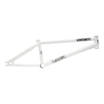 The Hyper Lunatic Frame is a white BMX bike frame made from durable 4130 supertherm chromoly tubing, adorned with striking "Hyper" and "Lunatic" logos and an integrated headtube for improved performance.