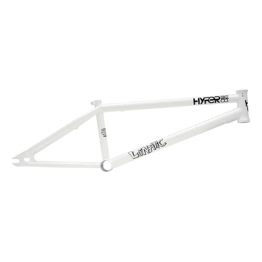 The Hyper Lunatic Frame is a white BMX bike frame made from durable 4130 supertherm chromoly tubing, adorned with striking "Hyper" and "Lunatic" logos and an integrated headtube for improved performance.