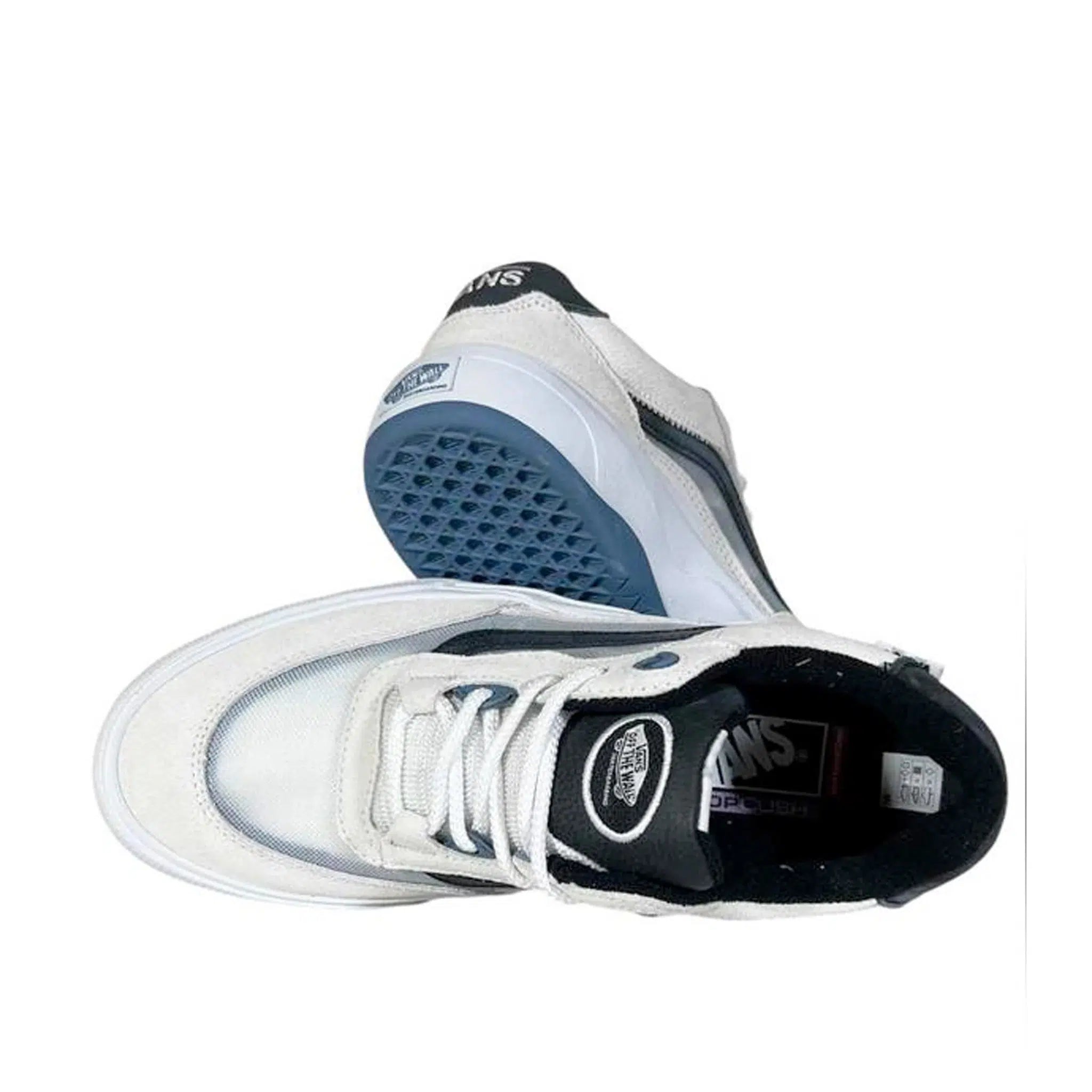 A stylish pair of white and black high-top sneakers with textured blue soles is highlighted against a plain white backdrop, evoking the Vans Skate Wayvee Shoes Blanc De Blanc's signature Waffle Cup sole design.