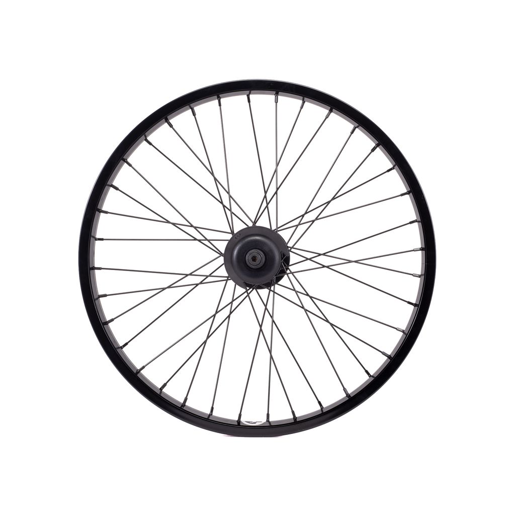 A Saltplus Summit 20 Inch Cassette Rear Wheel with a black rim and spokes, viewed from the side.