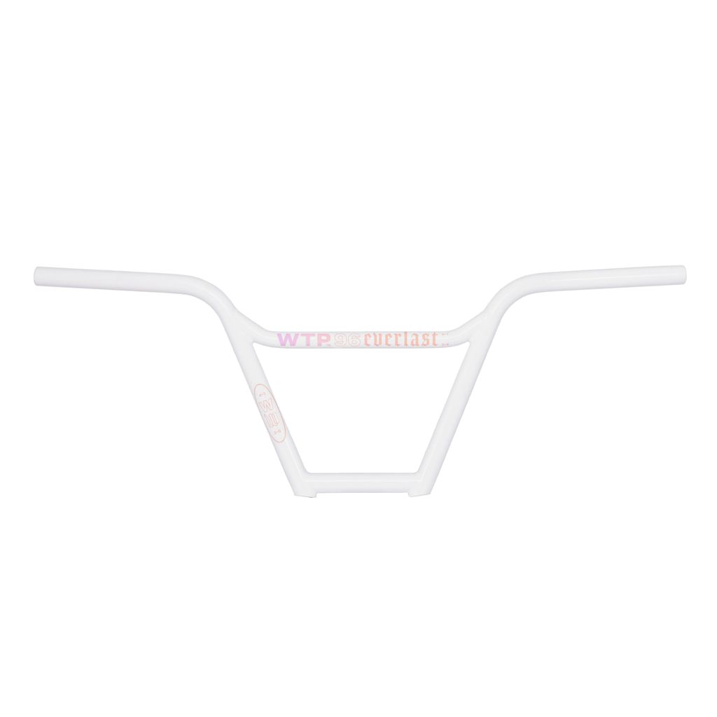 A Wethepeople Everlast Bars handlebar with a pink logo featuring the 4130 Crmo material.