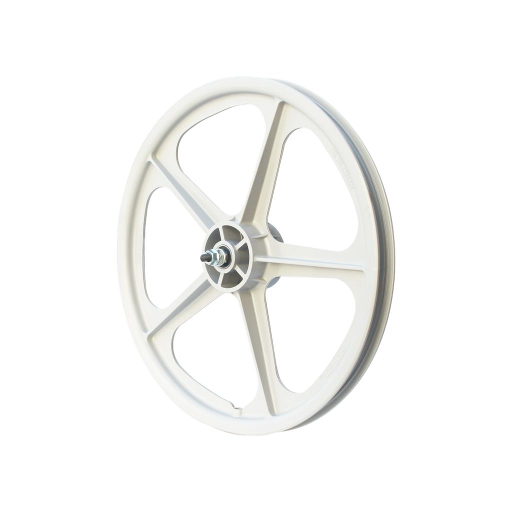 Displayed against a plain white background is the Skyway Tuff II 5 Spoke Rear Wheel, a classic white wheel with five spokes and a central mounting hub reminiscent of traditional Tuff Wheels.