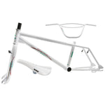 A white Skyway Street Beat Replica Frame/Fork/Handlebar/Seat Kit BMX bike.