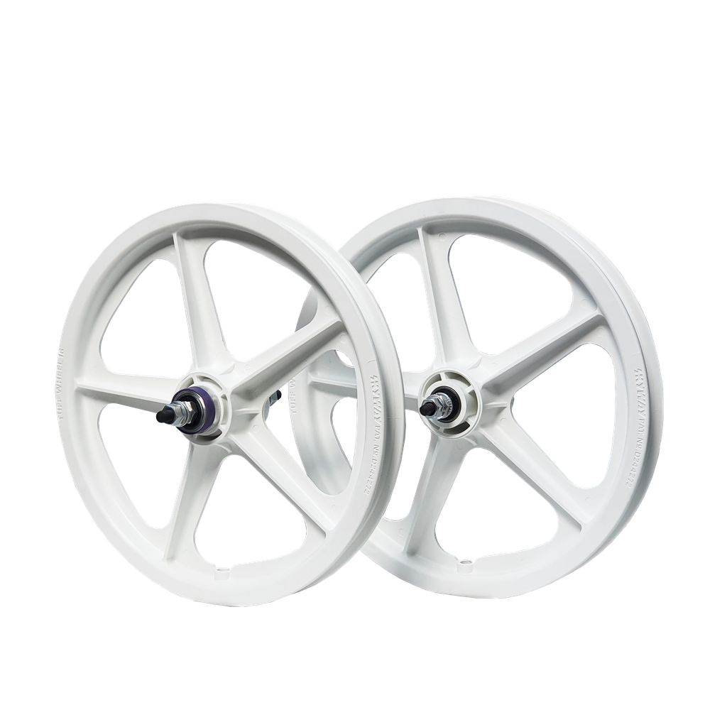 A pair of Skyway Tuff 5 Spoke 16 Inch Wheelset in white with sealed bearings for 16" bikes.
