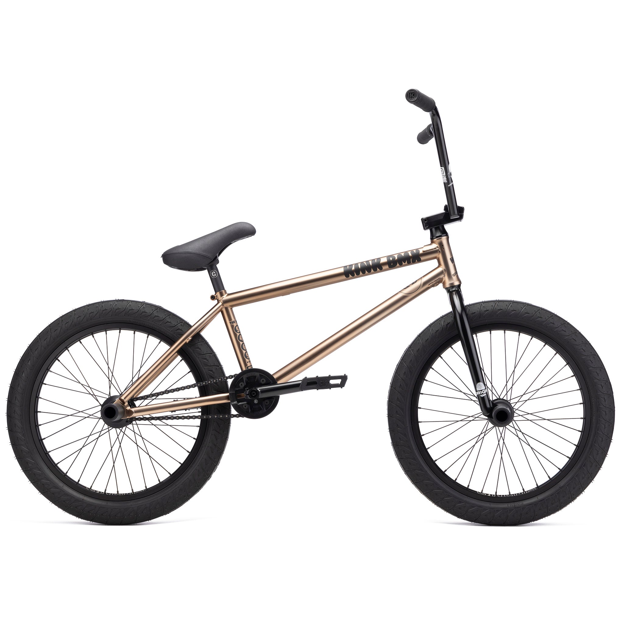 A BMX bike with a metallic bronze frame, black handlebars, and black wheels, shown in a side profile view. This sleek Kink Williams 20 Inch Bike captures the essence of Nathan Williams' signature style perfectly.