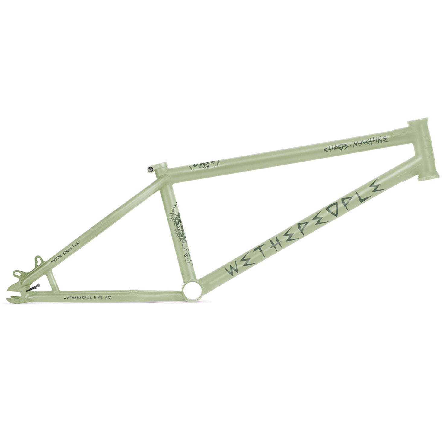 A light green BMX frame featuring the brand name "Wethepeople Chaos Machine Frame (Tyson Jones-Peni Signature)" and equipped with disc brake mounts.