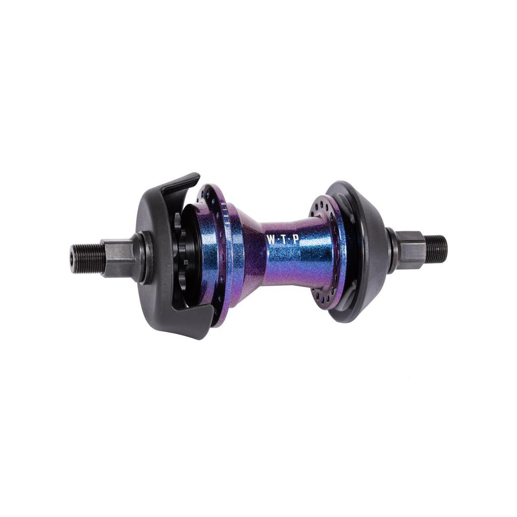 The Wethepeople Hybrid Hub features a metallic purple finish, a hollow axle, black hub guards, and etched "WTP" lettering on its body.