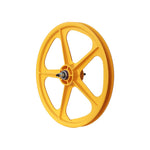 The product, a yellow Skyway Tuff II five-spoke rear wheel featuring a sealed bearing axle with a central hub, is displayed against a white background.