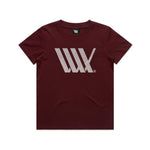 LUXBMX Youth Flag Tee in maroon, featuring a large geometric LUXBMX logo in white across the chest.