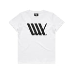 The LUXBMX Youth Flag Tee White is a stylish youth fit T-shirt that features a black geometric LUXBMX logo on the front and a small black tag on the neckline.